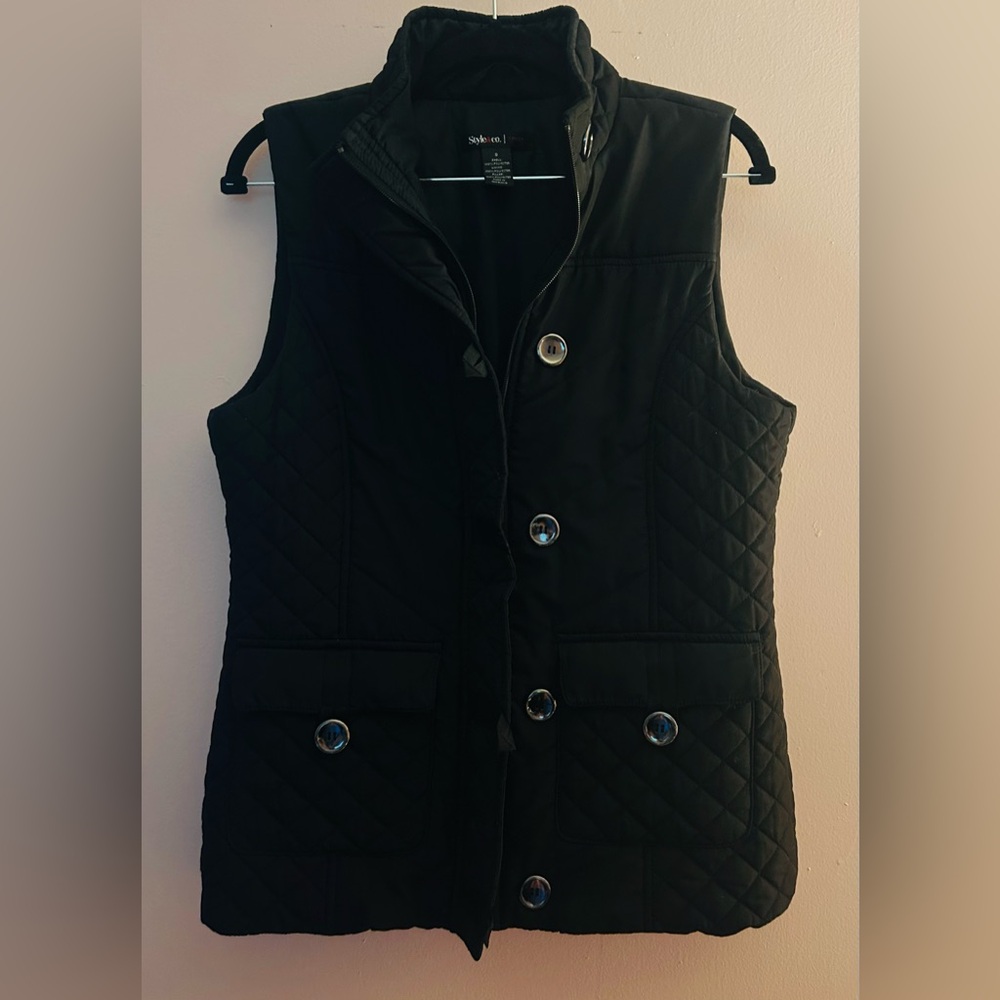 Style & Co Womens Vest Black Quilted Pockets Full Zip Button Size Small